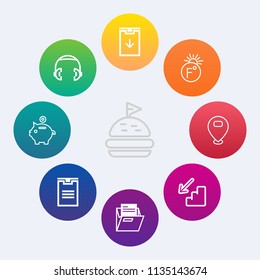 Modern, simple vector icon set on colorful circle backgrounds with lettuce, bank, fahrenheit, map, food, bread, fresh, folder, location, sign, office, finance, audio, downstairs, meal, money, up icons