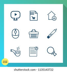 Modern, simple vector icon set on gradient background with notebook, house, home, shopping, find, mouse, vintage, click, video, property, document, sale, pencil, business, paper, food, computer icons