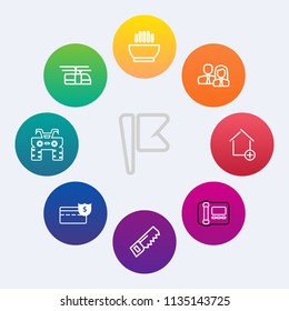 Modern, simple vector icon set on colorful circle backgrounds with money, dinner, people, phone, railway, train, hammer, cable, business, country, soup, new, team, national, transportation, coin icons