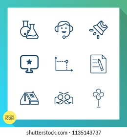 Modern, simple vector icon set on gradient background with document, headset, projector, screen, electric, fan, medicine, computer, party, laboratory, technology, science, equipment, cooler, lab icons