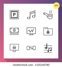 Modern, simple vector icon set on gradient background with transport, estate, sign, street, medical, car, house, technology, doctor, real, workout, diagnostic, sport, musical, sound, lock, bank icons