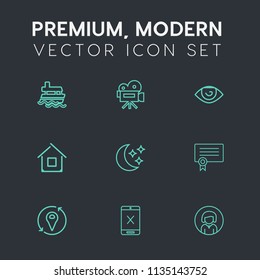 Modern, simple vector icon set on dark grey background with vintage, coaxial, movie, girl, transportation, sky, retro, building, face, vessel, cord, lady, sea, success, connection, sign, star icons
