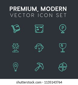 Modern, simple vector icon set on dark grey background with industry, mobile, people, bag, tropical, construction, phone, transportation, crane, equipment, summer, crash, airport, lot, pretty icons