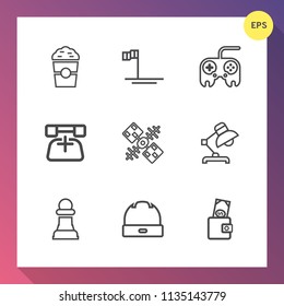 Modern, simple vector icon set on gradient background with purse, cup, morning, nature, blue, strategy, beach, mexico, phone, lamp, sea of cortes, espresso, communication, table, call, horse icons