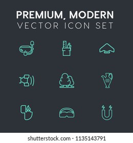 Modern, simple vector icon set on dark grey background with summer, fire, jump, paper, nature, telephone, jug, sky, work, environment, extreme, magnetic, stationery, glasses, parachuting, home icons