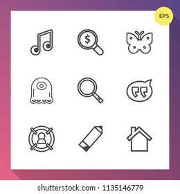 Modern, simple vector icon set on gradient background with creature, treble, home, search, melody, sign, musical, internet, fly, nature, clef, butterfly, eye, music, wing, technology, alien, pen icons