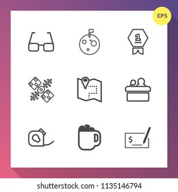 Modern, simple vector icon set on gradient background with achievement, science, check, optical, lens, tape, pen, public, travel, pay, planet, coffee, cup, electrical, astronaut, vision, drink icons