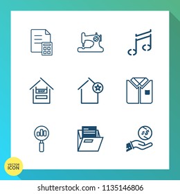 Modern, simple vector icon set on gradient background with sound, bank, fashion, sewing, magnifying, music, vintage, apartment, store, customer, machine, sew, currency, graphic, folder, coin icons