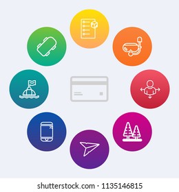 Modern, simple vector icon set on colorful circle backgrounds with skateboard, technology, send, cell, delivery, buy, safety, board, water, summer, skate, email, nature, money, street, tree, sea icons