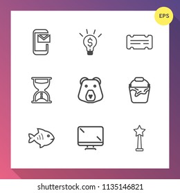 Modern, simple vector icon set on gradient background with seafood, sand, sea, event, mail, success, fish, email, hour, idea, handle, paper, concept, timer, business, digital, entertainment icons