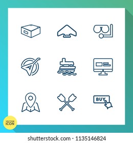 Modern, simple vector icon set on gradient background with ship, instrument, vessel, music, sky, drawer, sea, location, website, glass, sign, buy, sport, jump, mask, diving, button, oar, travel icons