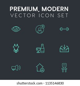 Modern, simple vector icon set on dark grey background with body, eye, finance, account, alcohol, financial, house, web, gym, concept, business, megaphone, estate, drink, fitness, home, hand icons