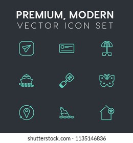 Modern, simple vector icon set on dark grey background with money, banking, boat, favorite, summer, cash, vacation, insect, parasol, communication, liquid, finance, bottle, yacht, credit, drink icons