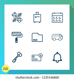 Modern, simple vector icon set on gradient background with science, bell, file, door, roller, alarm, document, trip, timetable, wireless, tourism, time, calendar, house, move, finance, global icons