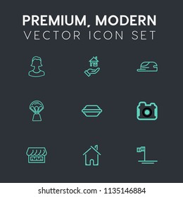 Modern, simple vector icon set on dark grey background with sky, business, ocean, hamburger, photographer, photo, user, curtain, fashion, blue, human, burger, head, sale, baja, mortgage, bun icons