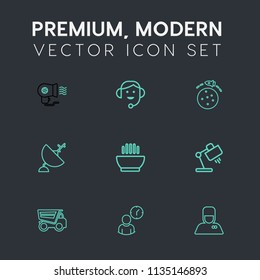 Modern, simple vector icon set on dark grey background with dump, blowing, vehicle, home, dish, space, lamp, call, dumper, work, office, table, fan, support, time, tipper, hotel, dryer, headset icons