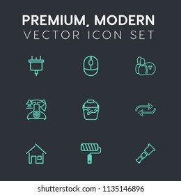 Modern, simple vector icon set on dark grey background with clean, space, vintage, estate, electrical, paint, sky, outlet, substitute, brush, night, old, roll, cord, ball, phone, pin, mouse icons