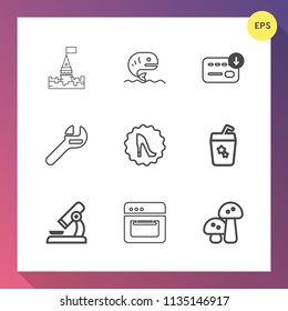 Modern, simple vector icon set on gradient background with biology, juice, cocktail, summer, business, bag, seafood, drink, white, edible, frame, finance, microscope, fairytale, old, king, food icons