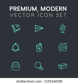 Modern, simple vector icon set on dark grey background with juice, search, tourism, alert, terminal, business, suitcase, notification, way, tv, grass, bag, arrow, communication, drink, picnic icons