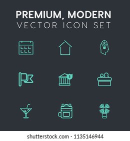 Modern, simple vector icon set on dark grey background with conference, timetable, drink, glass, building, backpack, nation, summer, calendar, modern, flag, concept, speaker, bag, event, america icons