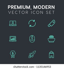 Modern, simple vector icon set on dark grey background with chart, award, refresh, space, online, rocket, screen, internet, meat, sign, device, place, woman, rotation, launch, arrow, first, home icons