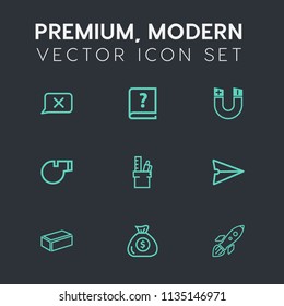 Modern, simple vector icon set on dark grey background with office, vintage, paper, finance, banking, pen, brick, old, unknown, science, communication, message, magnetic, calligraphy, field, web icons