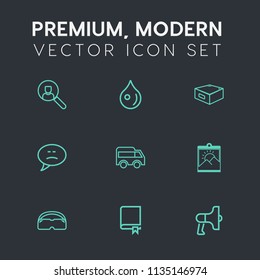 Modern, simple vector icon set on dark grey background with technology, glasses, encyclopedia, direction, study, message, search, chat, frame, nature, megaphone, picture, website, loudspeaker icons