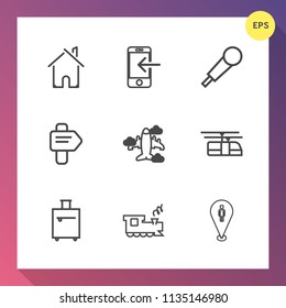 Modern, simple vector icon set on gradient background with architecture, pin, construction, airplane, train, estate, bag, sky, way, technology, mobile, banking, blue, money, arrow, business, mic icons