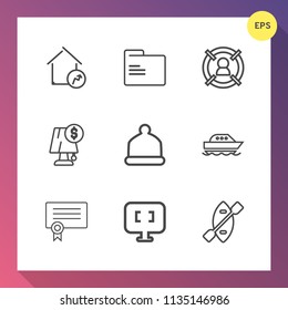 Modern, simple vector icon set on gradient background with concept, template, business, canoe, house, folder, pc, customer, marketing, interior, electricity, ocean, target, paddle, boat, lamp icons
