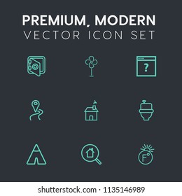 Modern, simple vector icon set on dark grey background with fahrenheit, protection, propeller, map, tent, steel, business, air, security, road, safe, real, adventure, web, home, toilet, scale icons