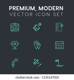 Modern, simple vector icon set on dark grey background with road, person, aircraft, resources, calendar, , win, location, plane, checklist, trophy, rescue, interview, chat, beach, sign, baja icons