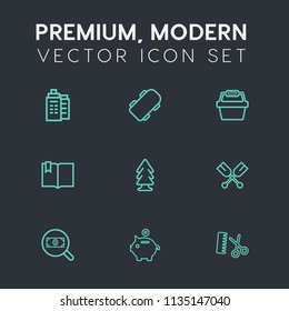 Modern, simple vector icon set on dark grey background with architecture, skater, professional, building, money, canoe, house, salon, book, basket, boat, click, coin, investment, paddle, estate icons