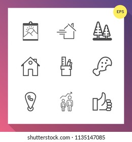 Modern, simple vector icon set on gradient background with mortgage, success, sale, nature, art, personal, fast, estate, blank, buy, hand, map, office, real, frame, concept, stationery, phone icons