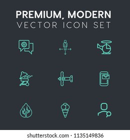 Modern, simple vector icon set on dark grey background with cream, arrow, computer, sign, military, direction, communication, phone, forest, transportation, road, account, ice, fly, email, grill icons