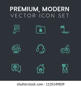 Modern, simple vector icon set on dark grey background with camera, modern, blue, building, nature, kitchen, beach, video, navigation, chat, tripod, retro, document, mexico, dinner, data, folder icons