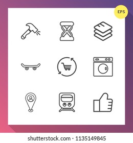 Modern, simple vector icon set on gradient background with board, business, train, transport, timer, concept, location, clock, cart, hammer, machine, search, travel, information, laundry, hour icons