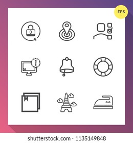 Modern, simple vector icon set on gradient background with point, domestic, center, inflatable, office, protection, computer, eiffel, warning, security, water, task, ring, pool, navigation, web icons