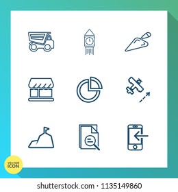 Modern, simple vector icon set on gradient background with dumper, graph, zoom, blue, cargo, tool, curtain, big, white, presentation, transfer, shop, uk, tower, mobile, tipper, mountain, plane icons