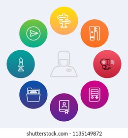 Modern, simple vector icon set on colorful circle backgrounds with spaceship, care, clean, luggage, man, space, communication, electric, door, fan, hair, bellboy, white, smartphone, message, web icons