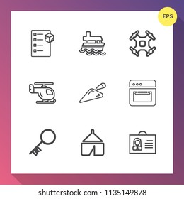 Modern, simple vector icon set on gradient background with vessel, kitchen, adventure, woman, drone, marine, helicopter, internet, profile, oven, food, door, box, travel, ship, sea, tent, female icons