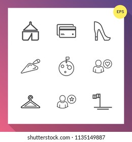 Modern, simple vector icon set on gradient background with credit, shovel, planet, camp, fashion, outdoor, landscape, profile, space, summer, nature, travel, business, construction, online, girl icons