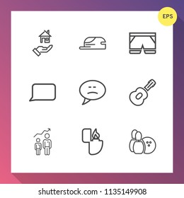 Modern, simple vector icon set on gradient background with home, bubble, wear, short, estate, speech, flame, concept, guitar, head, fire, sport, communication, music, clothing, growth, white icons