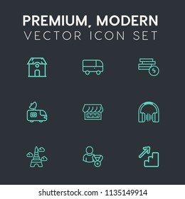 Modern, simple vector icon set on dark grey background with construction, downstairs, curtain, antenna, audio, france, street, tower, music, property, bus, coin, house, landmark, sound, building icons