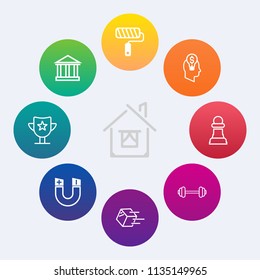 Modern, simple vector icon set on colorful circle backgrounds with architecture, fitness, modern, chess, sport, gym, transportation, success, house, tourism, roller, building, prize, tool, sky icons