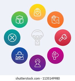 Modern, simple vector icon set on colorful circle backgrounds with air, map, road, stop, parachuting, internet, sky, hammer, white, profile, fly, location, bag, parachute, skydiving, arrow, pin icons