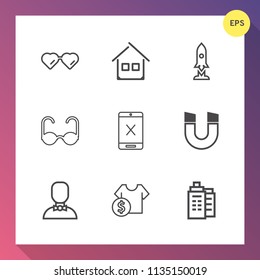 Modern, simple vector icon set on gradient background with coaxial, cord, house, glasses, space, sun, internet, connection, wire, profile, building, subscription, architecture, sunglasses, real icons