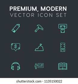 Modern, simple vector icon set on dark grey background with drink, literature, web, education, paper, people, business, equipment, square, frame, pencil, landscape, sky, finance, machine, cold icons