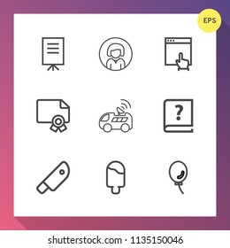 Modern, simple vector icon set on gradient background with cream, holiday, balloon, group, car, presentation, mouse, certificate, achievement, businessman, award, portrait, diploma, vehicle, ice icons