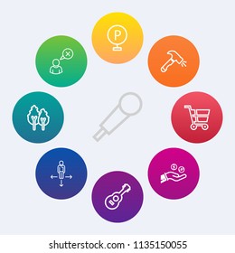 Modern, simple vector icon set on colorful circle backgrounds with sound, road, tree, man, connection, money, forest, landscape, place, shop, profile, finance, technology, construction, guitar icons