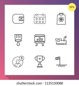 Modern, simple vector icon set on gradient background with accounting, paintbrush, finance, purse, infographic, transportation, brush, railway, day, cash, sale, template, date, championship, bag icons